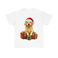 Golden Retriever With Presents design on a white tee