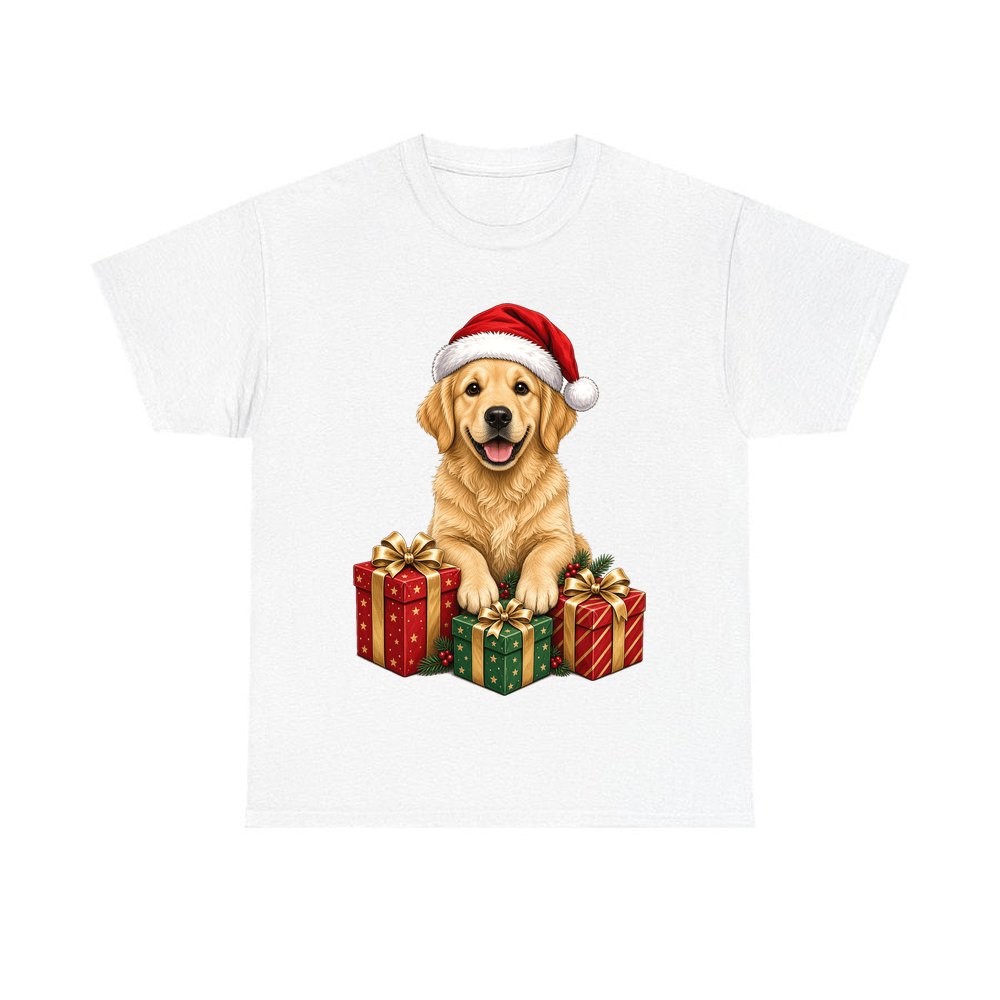 Golden Retriever With Presents design on a white tee