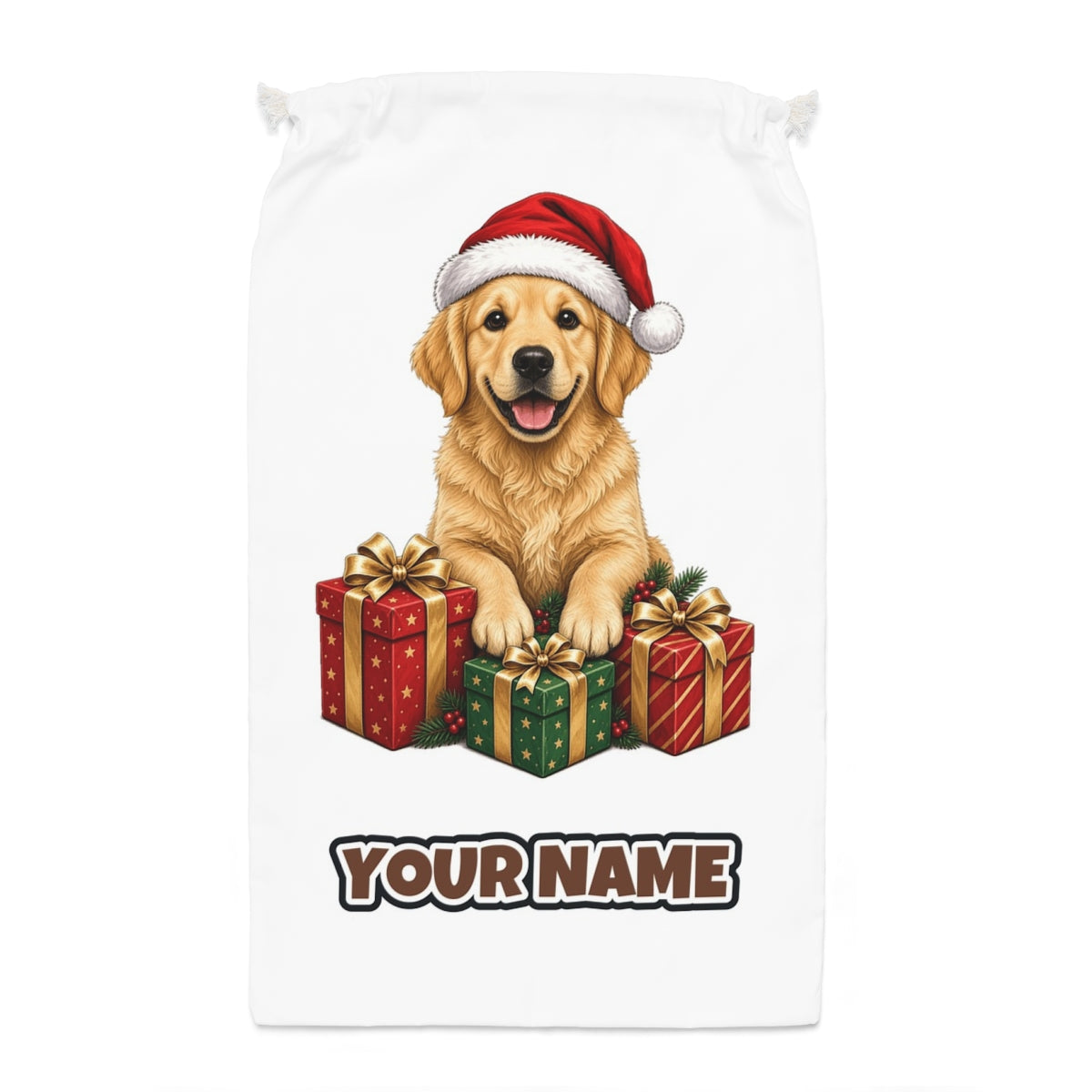 Golden Retriever with Presents Santa sack laid flat, showing the full print