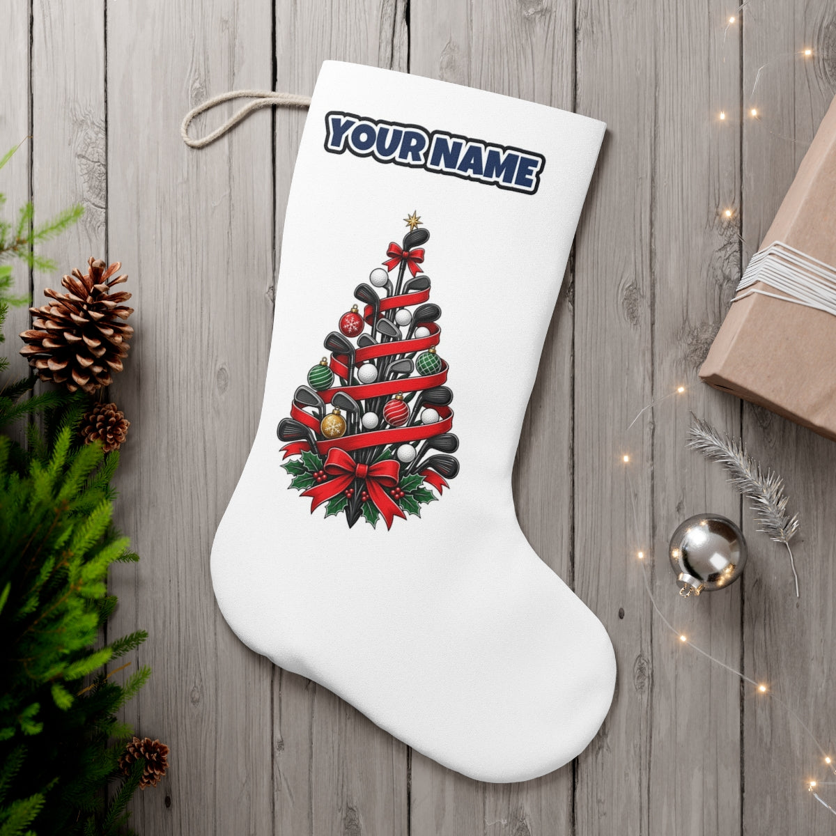 Golf Club Christmas Tree personalised Christmas stocking, white, with the name across the top