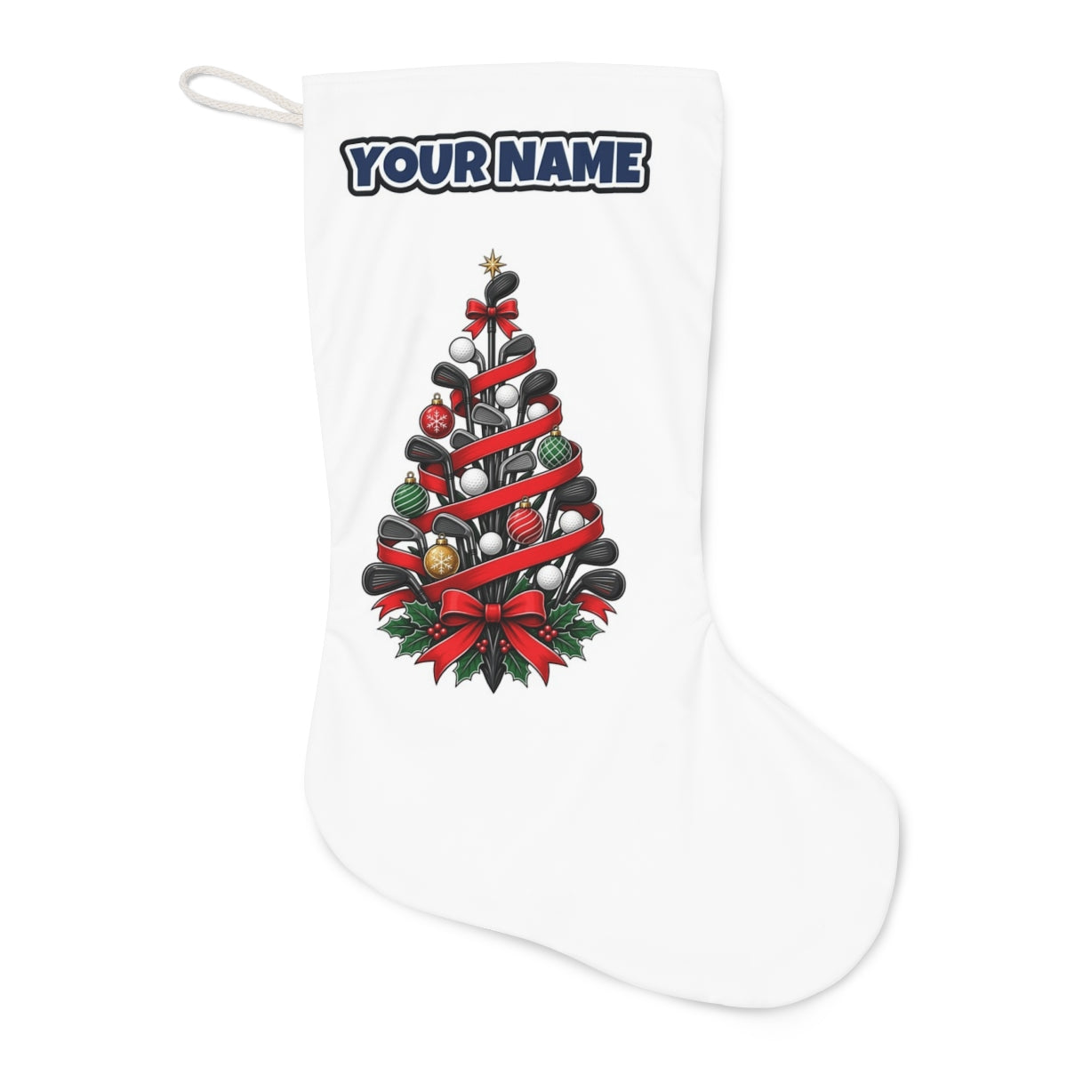 Golf Club Christmas Tree Christmas stocking laid flat, showing the full print
