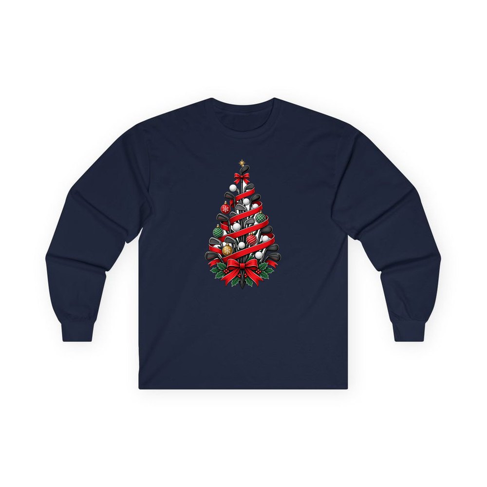 Golf Club Christmas Tree personalised long sleeve Christmas T-shirt in navy