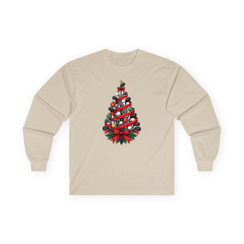 Golf Club Christmas Tree personalised long sleeve Christmas T-shirt in sand