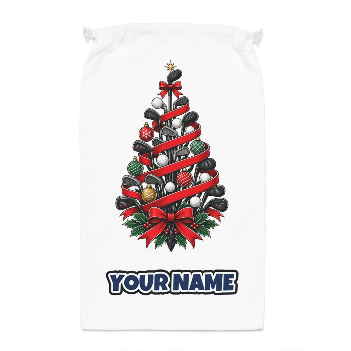 Golf Club Christmas Tree Santa sack laid flat, showing the full print