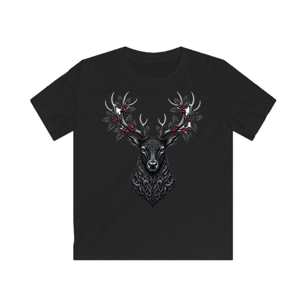 Gothic Black Stag Head personalised kids Christmas tee in black