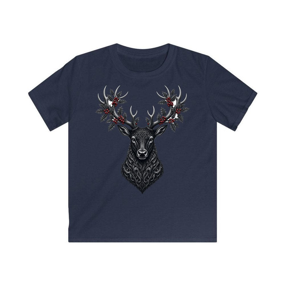 Gothic Black Stag Head personalised kids Christmas tee in navy