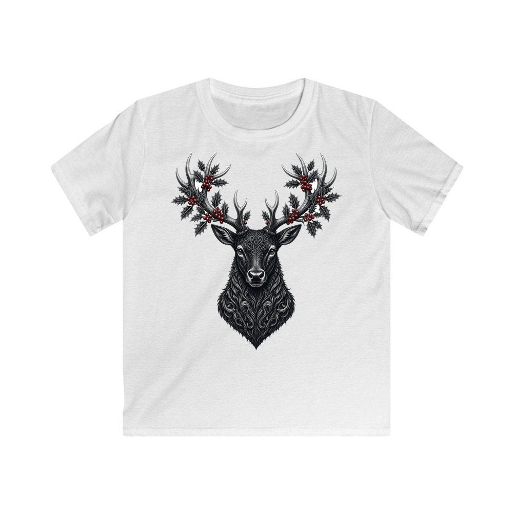 Gothic Black Stag Head personalised kids Christmas tee in white