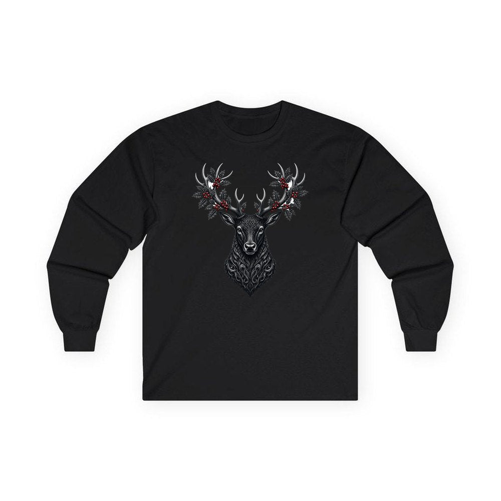 Gothic Black Stag Head personalised long sleeve Christmas T-shirt in black