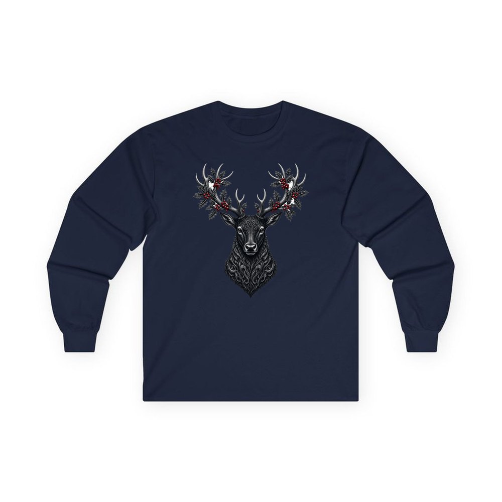 Gothic Black Stag Head personalised long sleeve Christmas T-shirt in navy