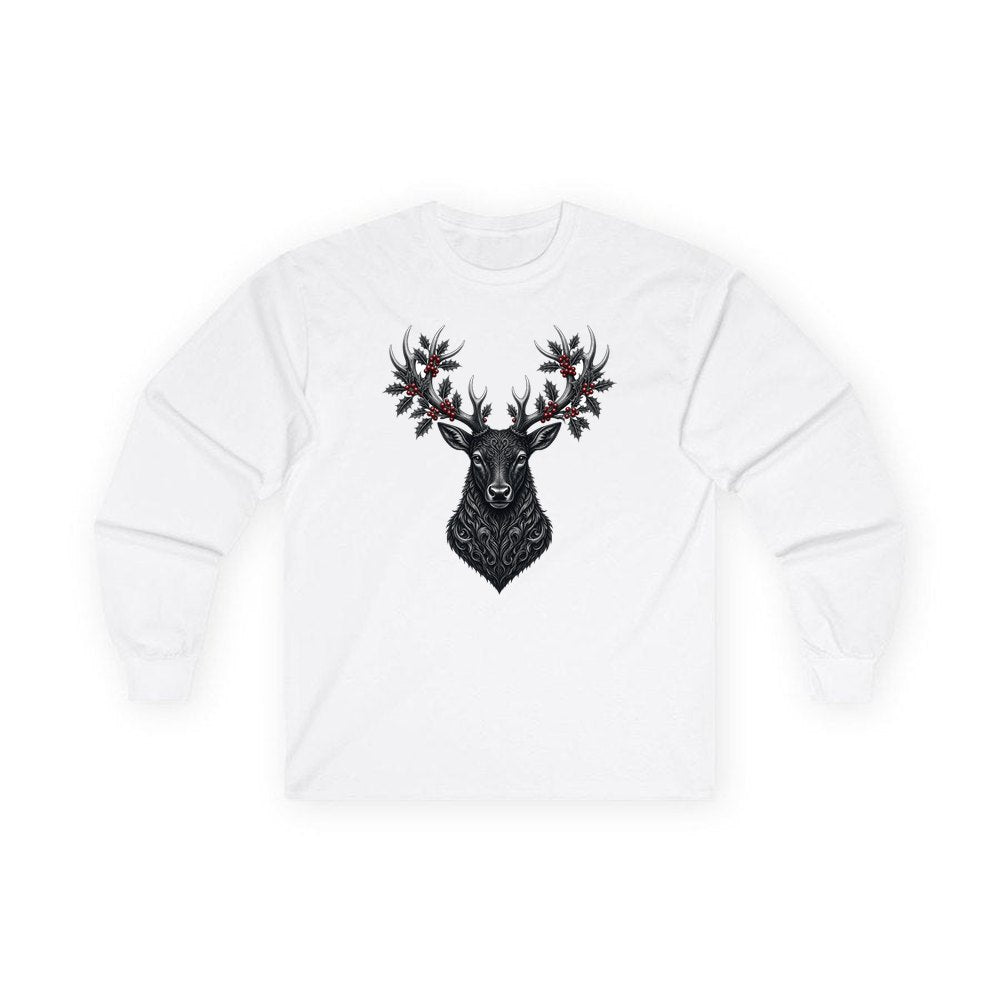 Gothic Black Stag Head personalised long sleeve Christmas T-shirt in white