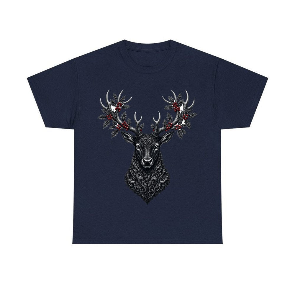 Gothic Black Stag Head personalised Christmas T-shirt in navy