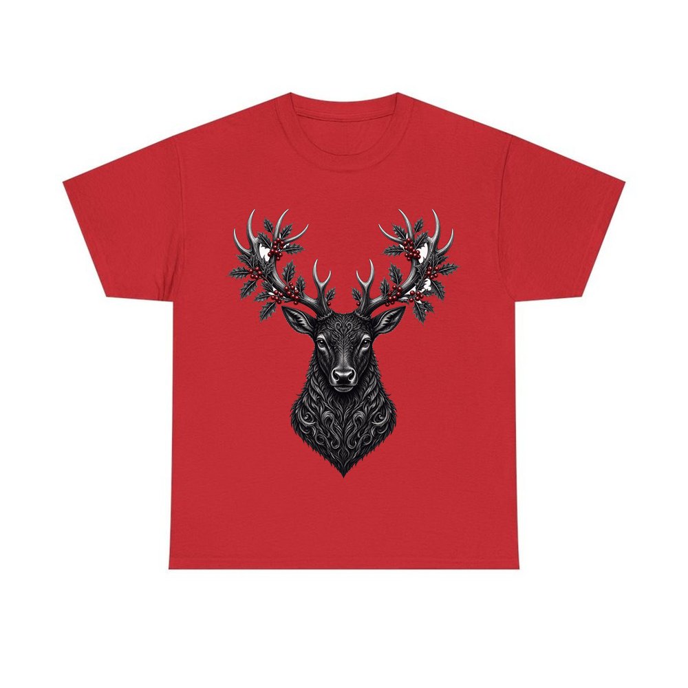 Gothic Black Stag Head personalised Christmas T-shirt in red
