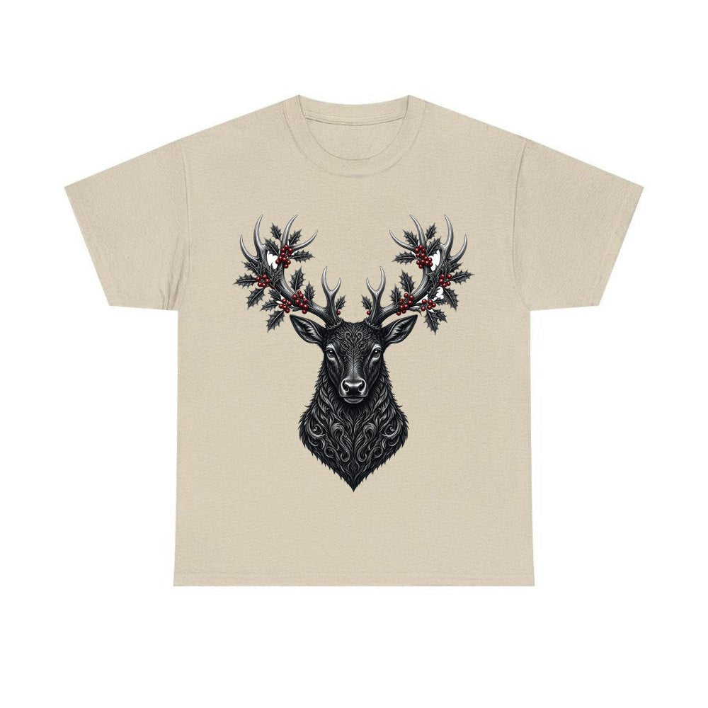 Gothic Black Stag Head personalised Christmas T-shirt in sand