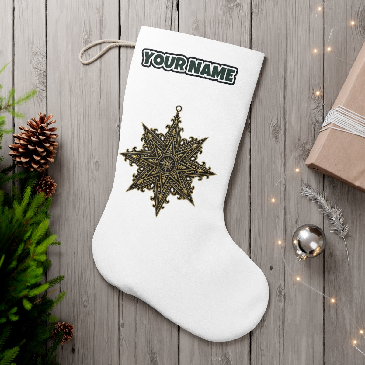 Gothic Gold Star personalised Christmas stocking, white, with the name across the top