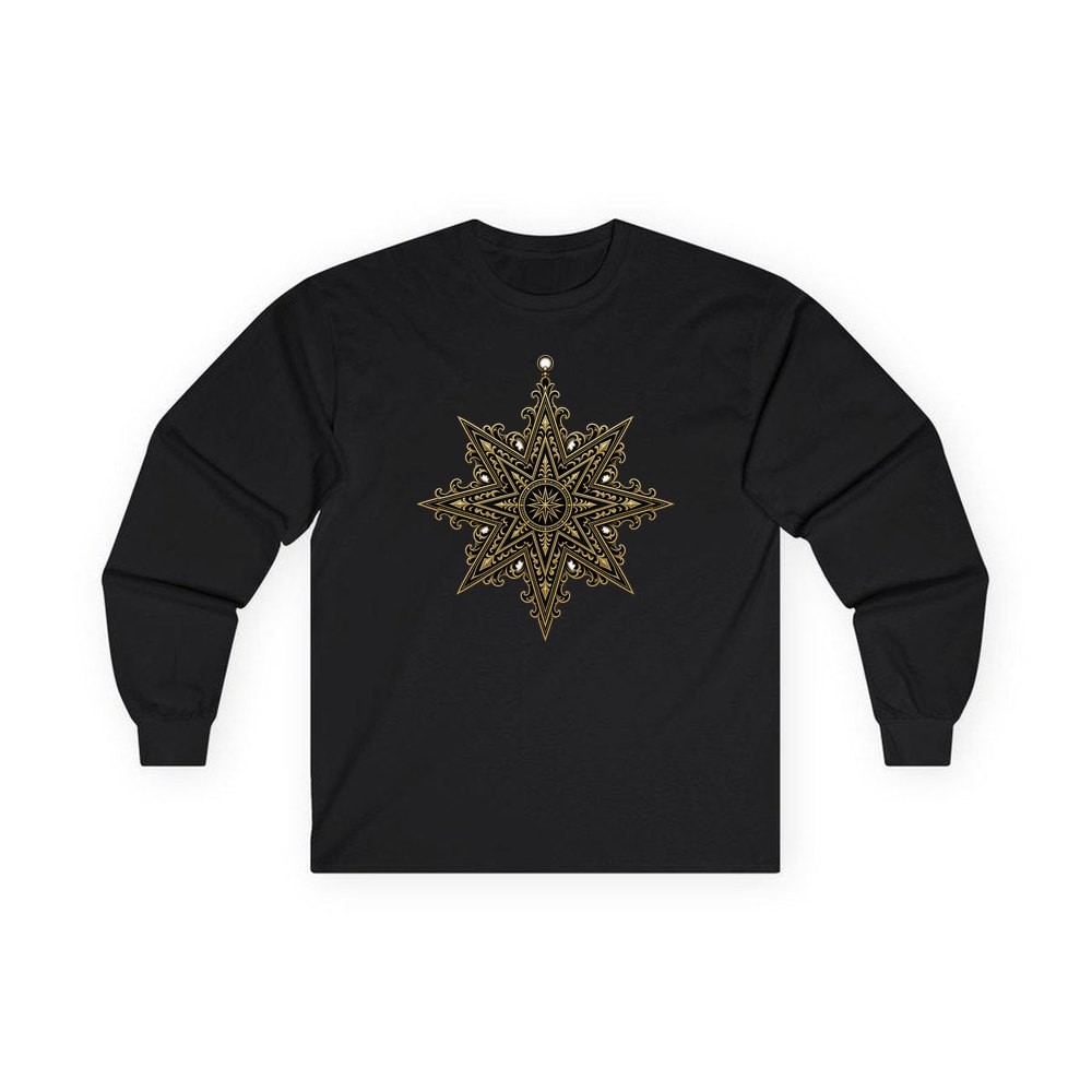 Gothic Gold Star personalised long sleeve Christmas T-shirt in black