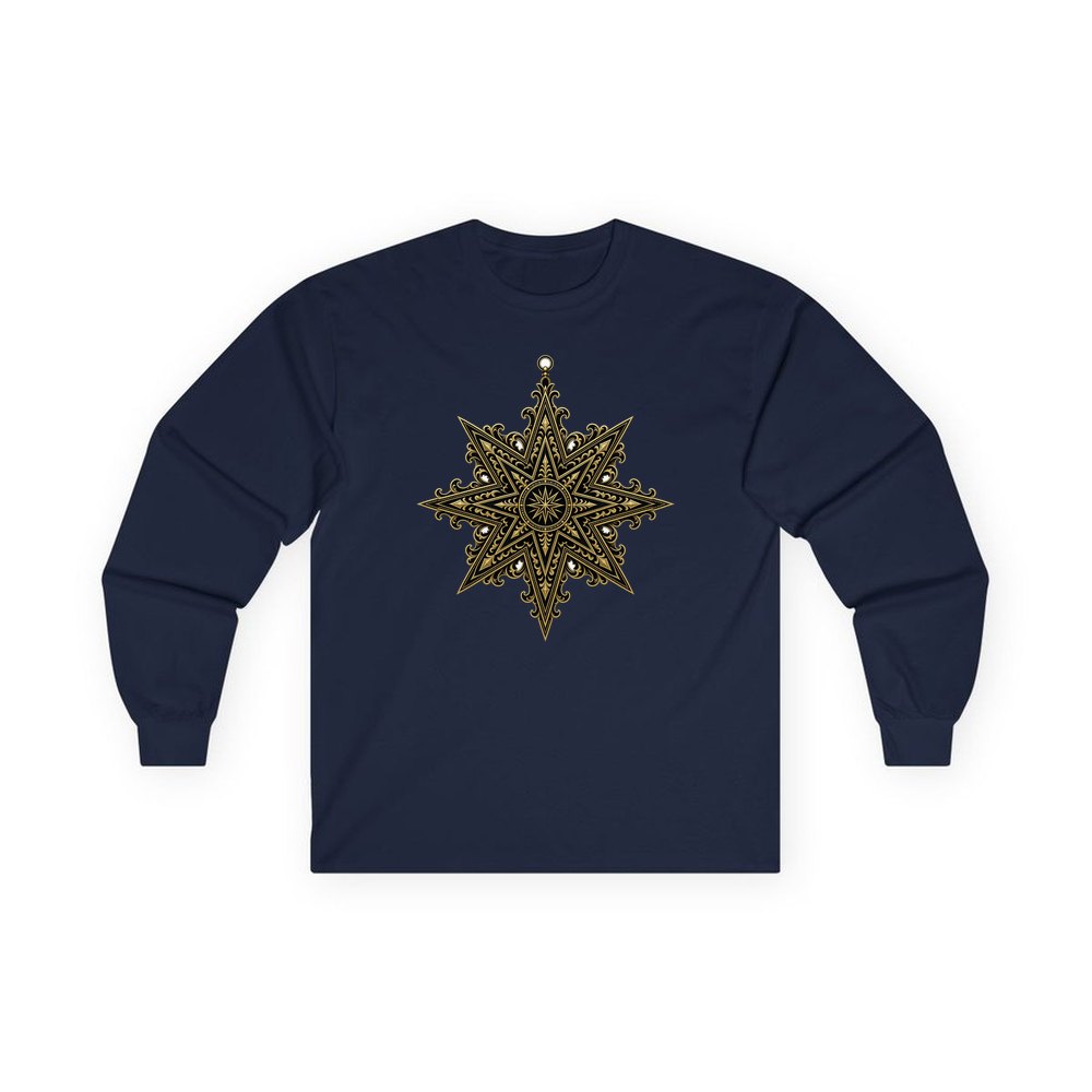 Gothic Gold Star personalised long sleeve Christmas T-shirt in navy