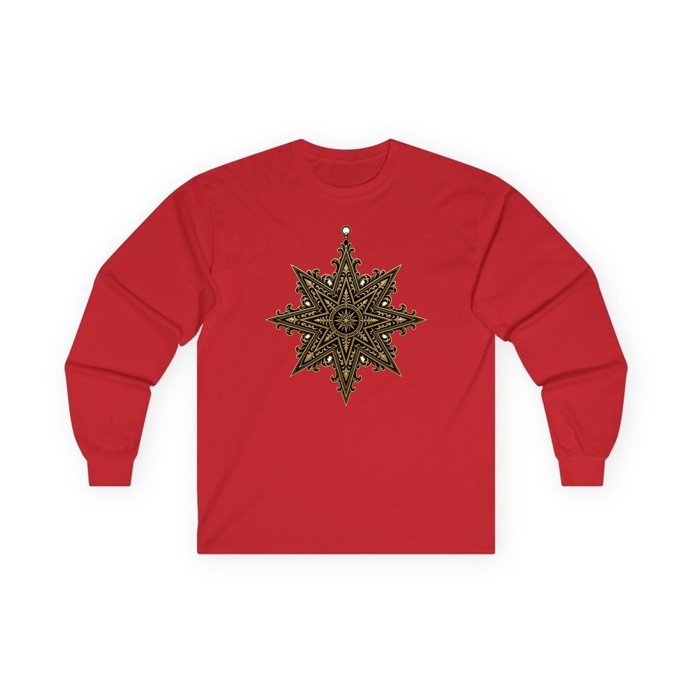 Gothic Gold Star personalised long sleeve Christmas T-shirt in red