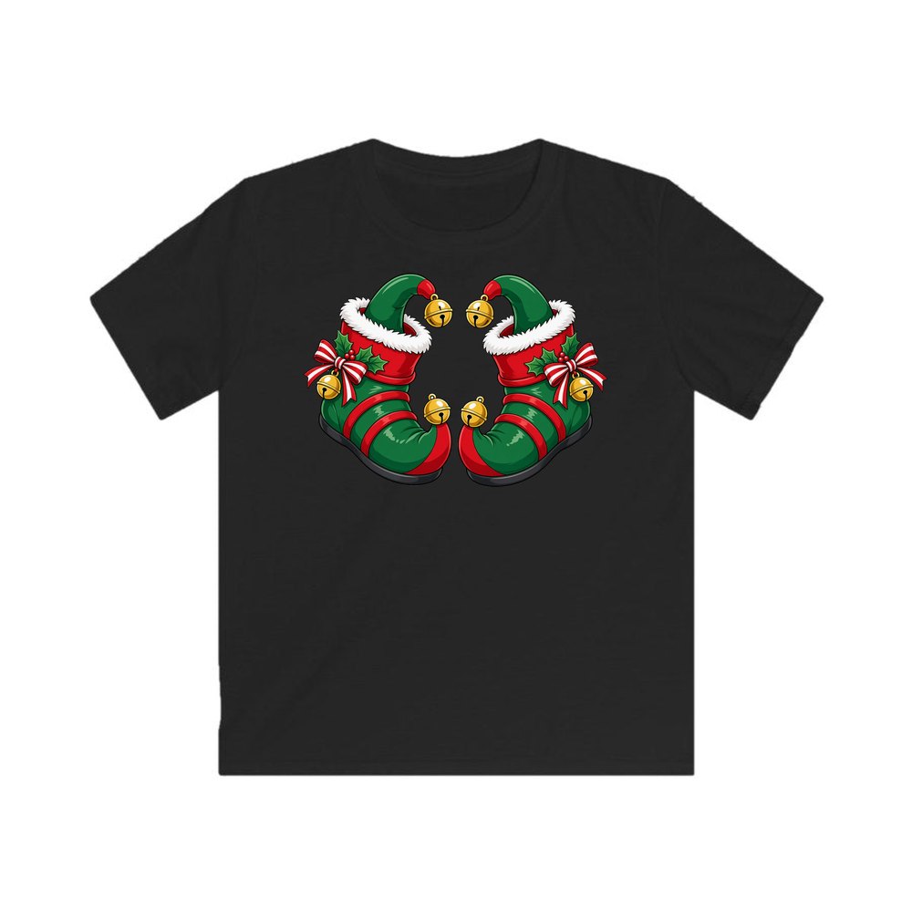 Green Elf Boots with Bells personalised kids Christmas tee in black