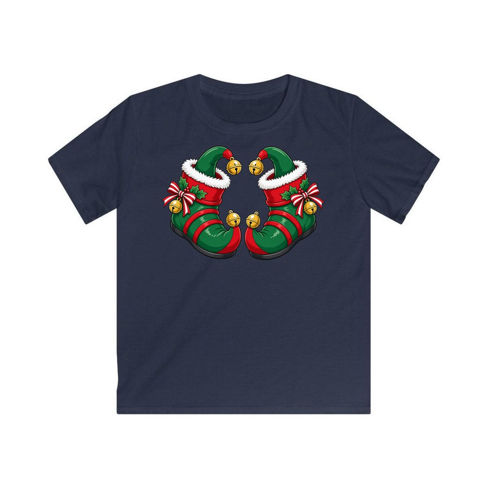 Green Elf Boots with Bells personalised kids Christmas tee in navy