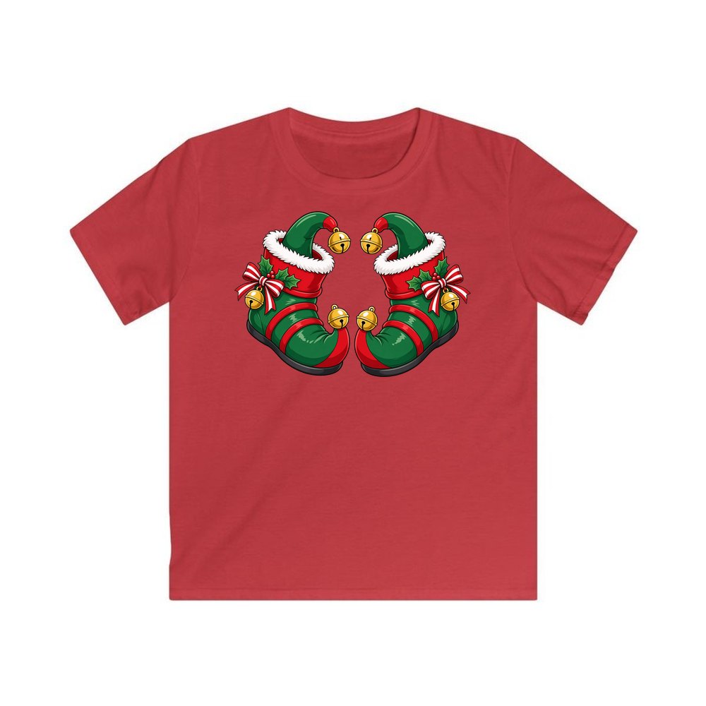 Green Elf Boots with Bells personalised kids Christmas tee in red