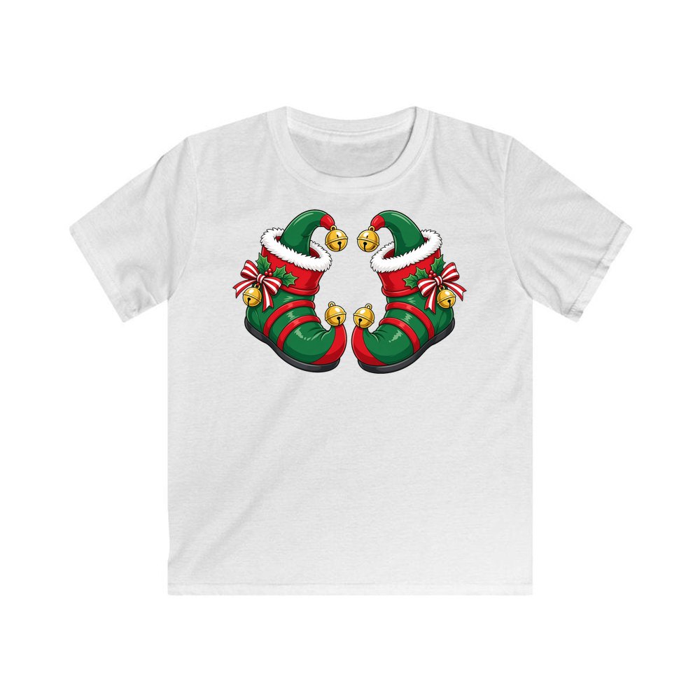 Green Elf Boots with Bells personalised kids Christmas tee in white
