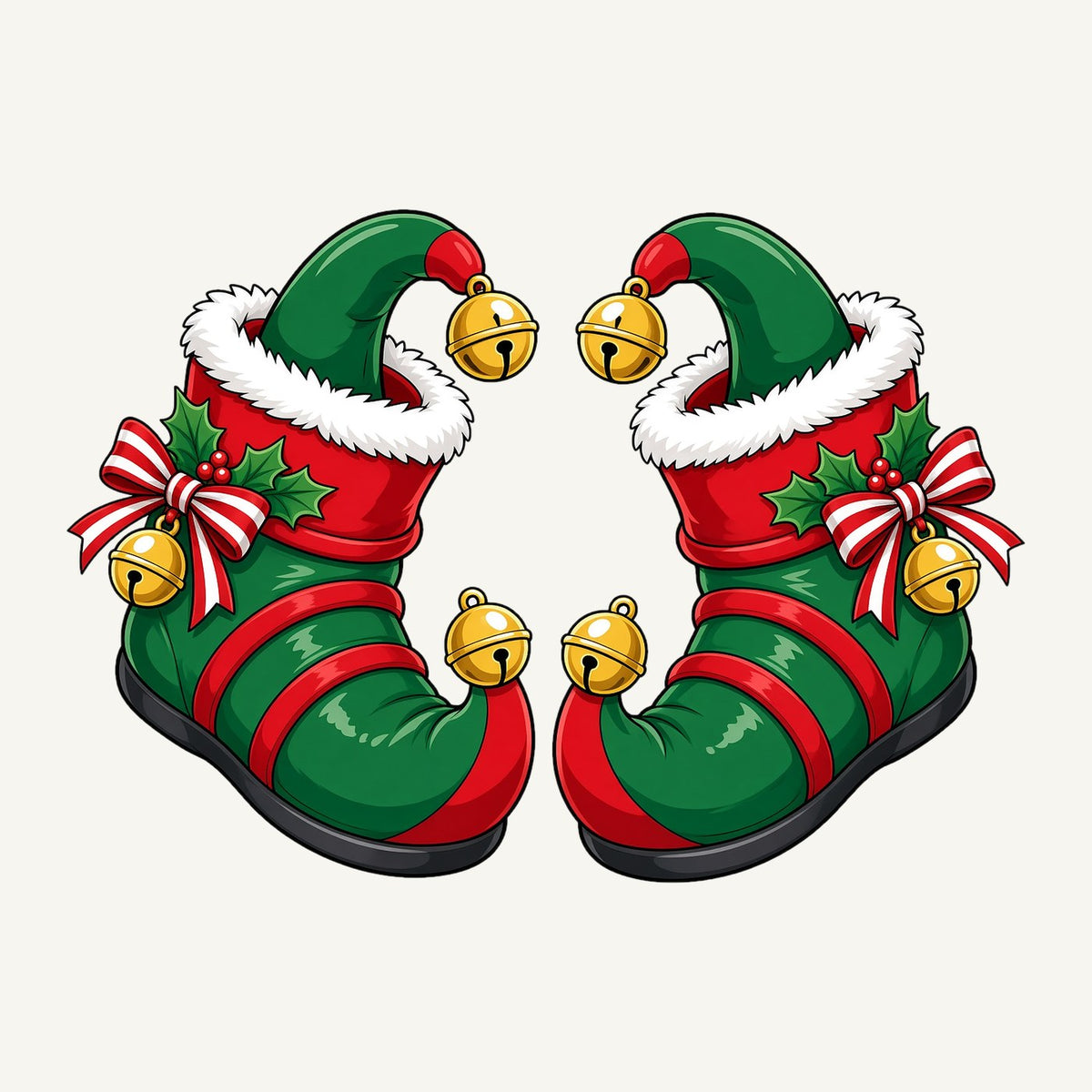 Green Elf Boots with Bells Christmas artwork, the design printed on the personalised stocking