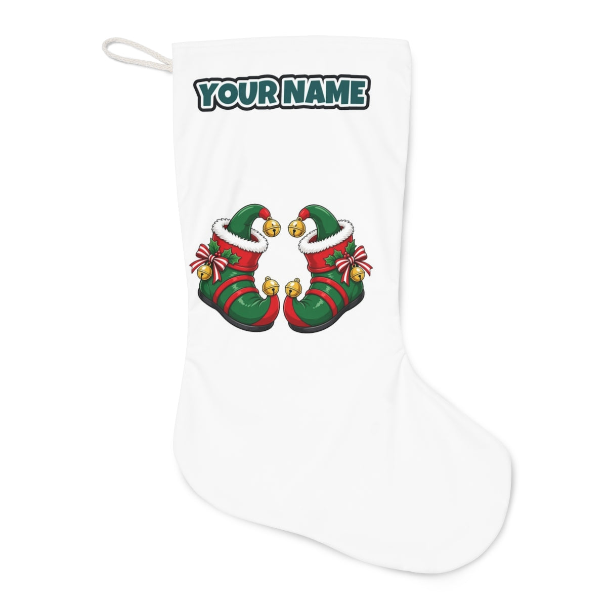 Green Elf Boots with Bells Christmas stocking laid flat, showing the full print