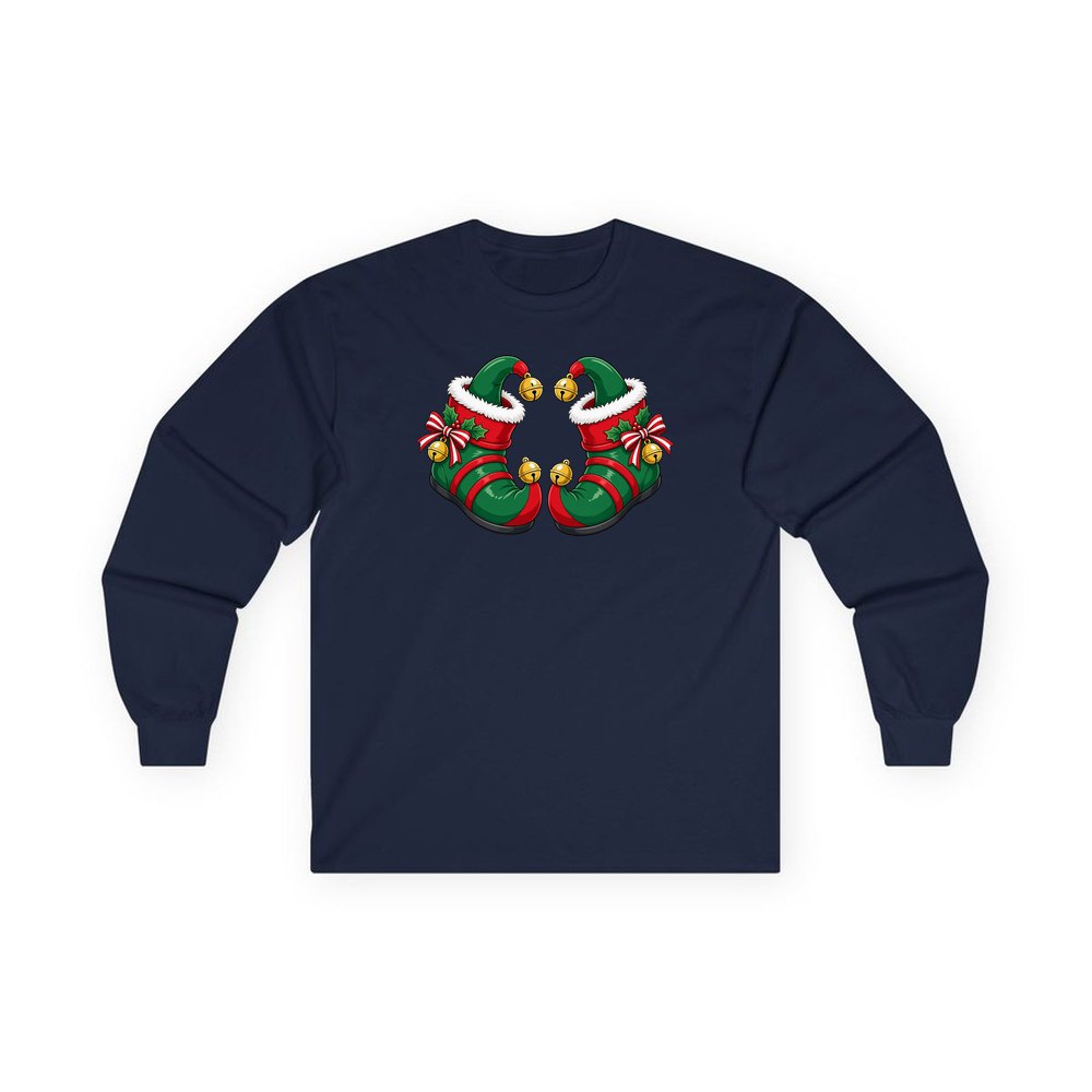 Green Elf Boots with Bells personalised long sleeve Christmas T-shirt in navy
