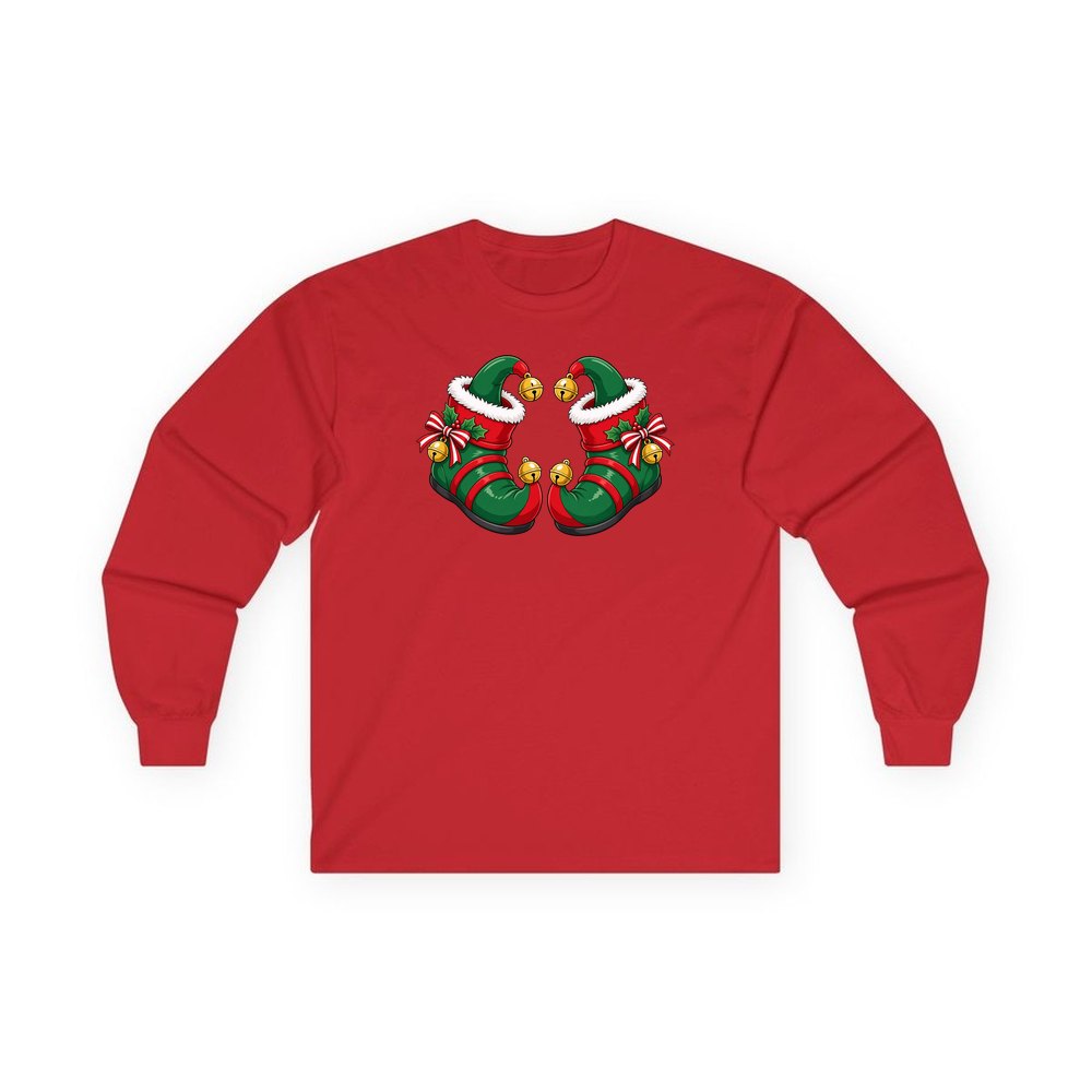 Green Elf Boots with Bells personalised long sleeve Christmas T-shirt in red