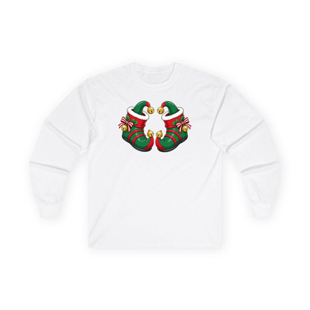 Green Elf Boots with Bells personalised long sleeve Christmas T-shirt in white