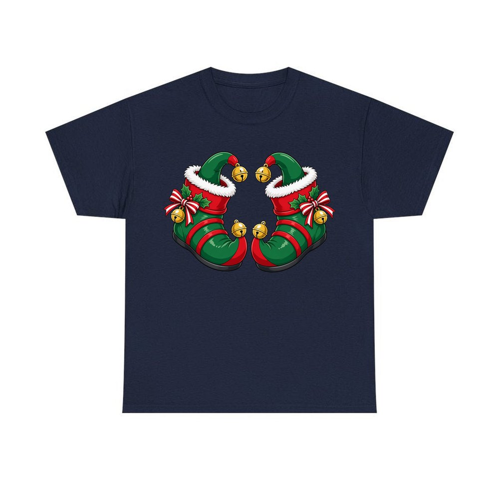 Green Elf Boots with Bells personalised Christmas T-shirt in navy