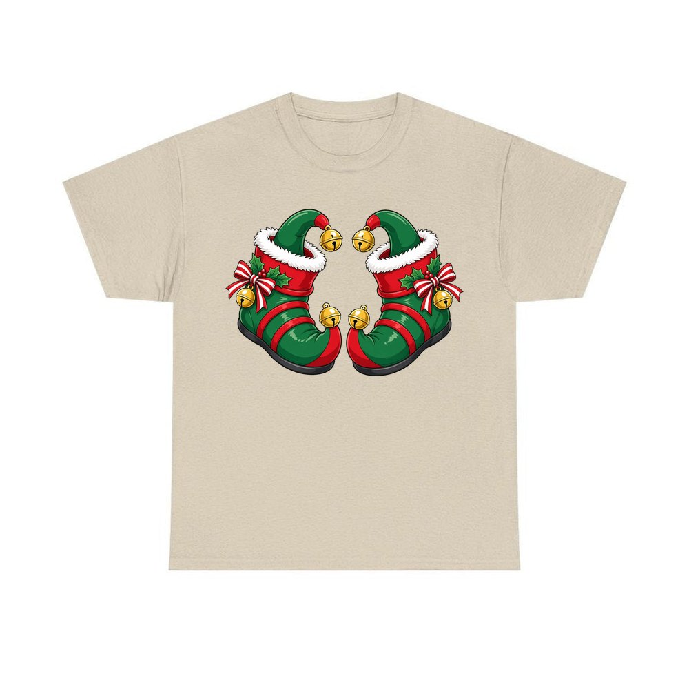 Green Elf Boots with Bells personalised Christmas T-shirt in sand