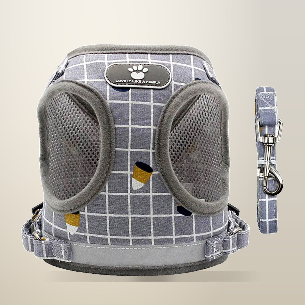 Reflective Mesh Pet Harness and Leash, Grey, on a plain cream background