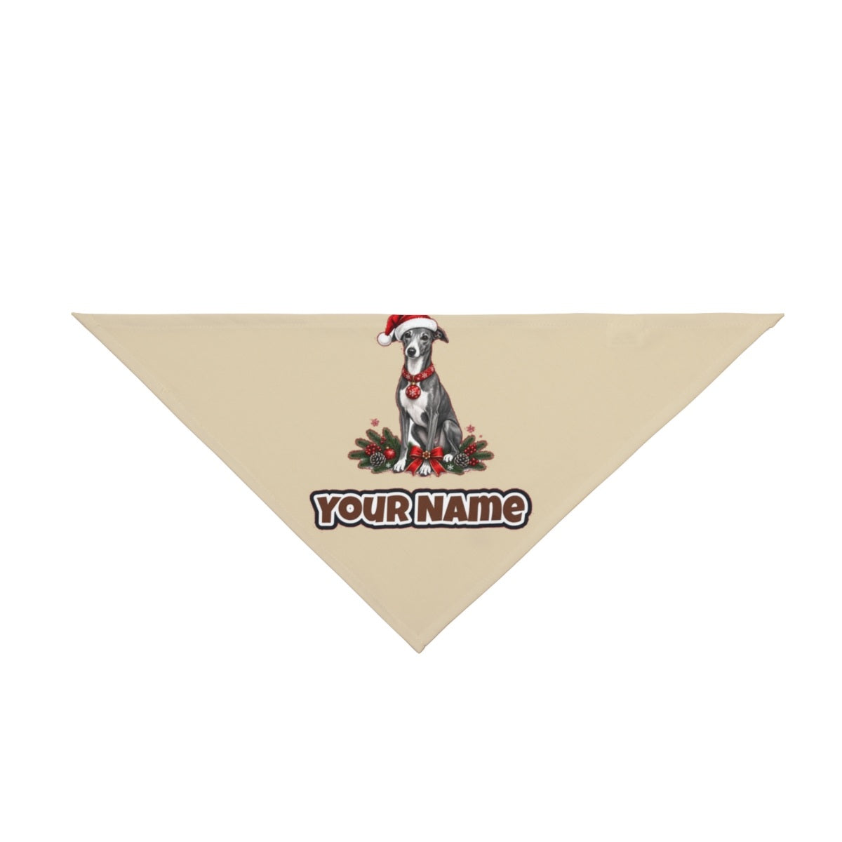 Greyhound personalised Christmas pet bandana in beige, tie-on style