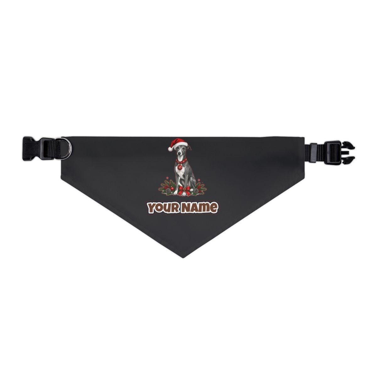 Greyhound personalised Christmas pet bandana in black, collar with buckle