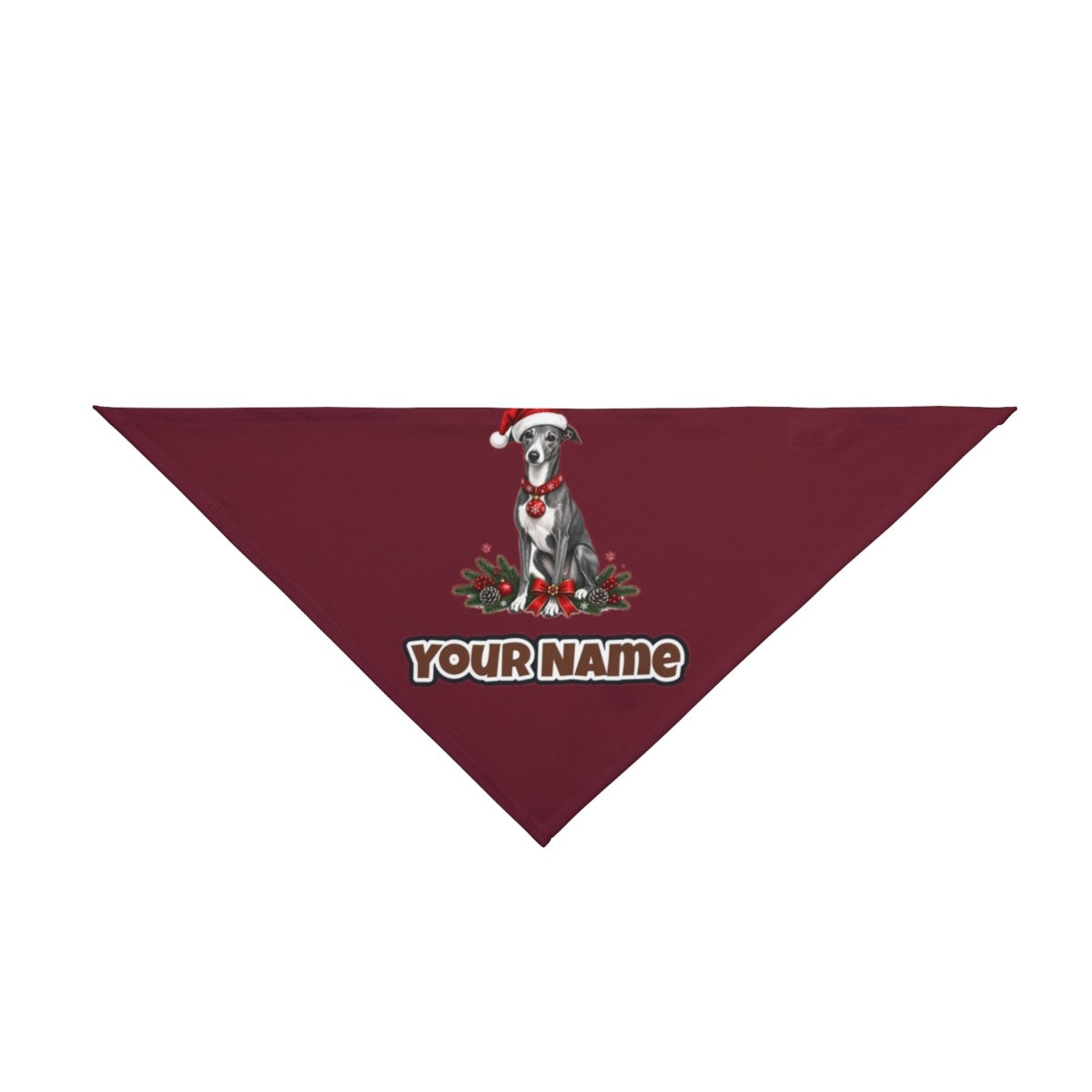 Greyhound personalised Christmas pet bandana in maroon, tie-on style
