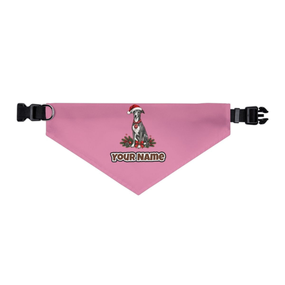 Greyhound personalised Christmas pet bandana in pink, collar with buckle