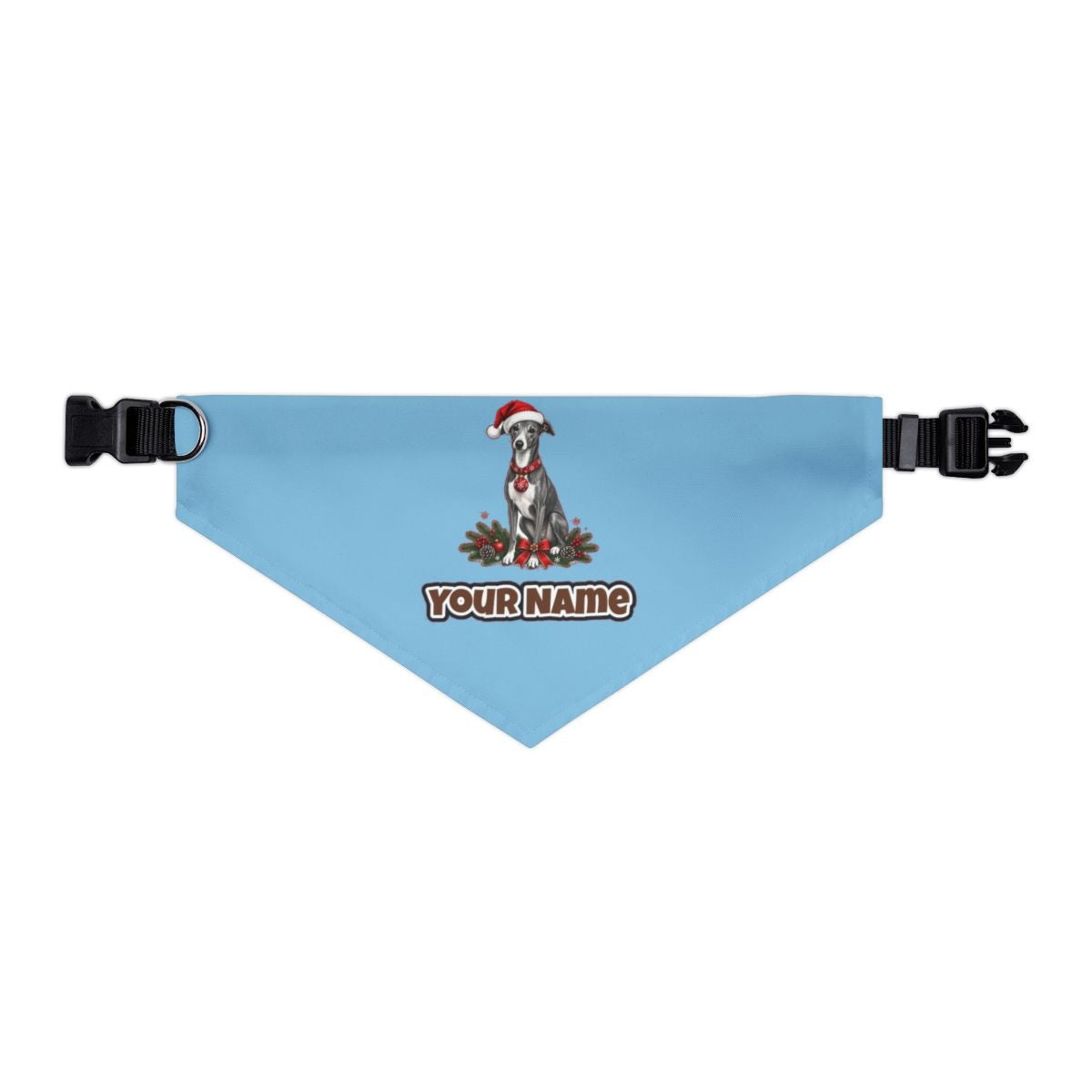 Greyhound personalised Christmas pet bandana in sky blue, collar with buckle