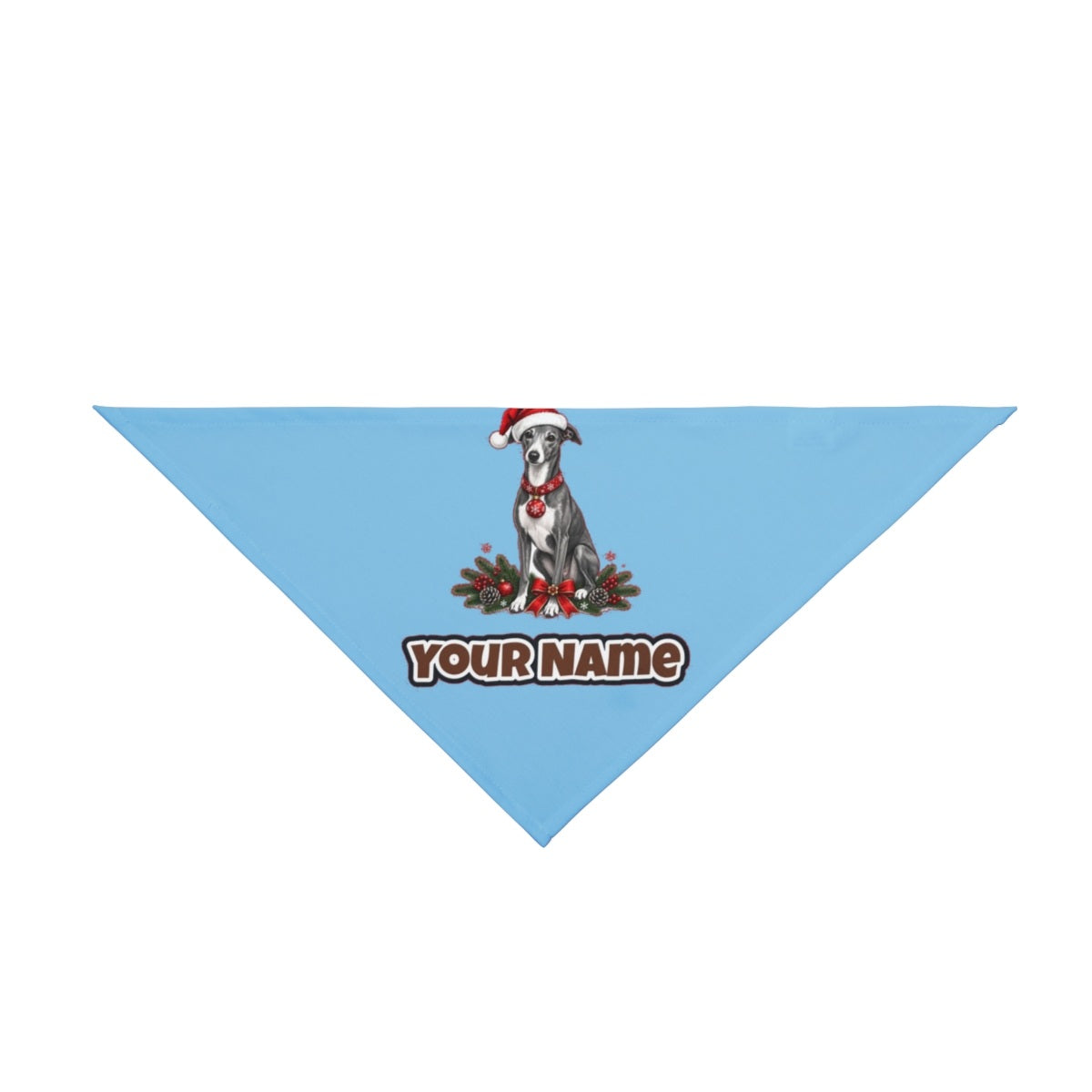 Greyhound personalised Christmas pet bandana in sky blue, tie-on style
