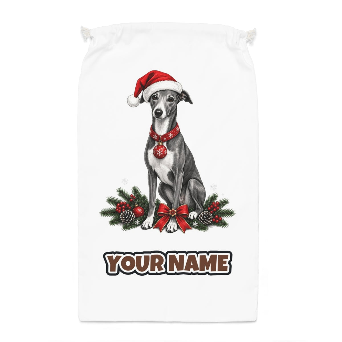 Greyhound Santa sack laid flat, showing the full print