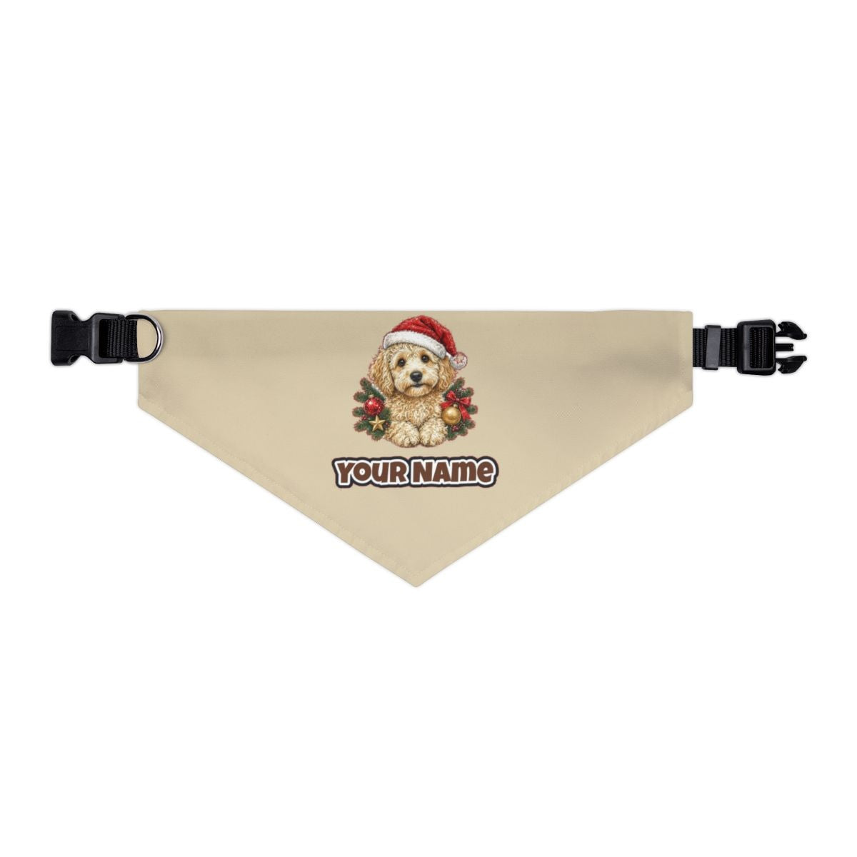 Groodle personalised Christmas pet bandana in beige, collar with buckle