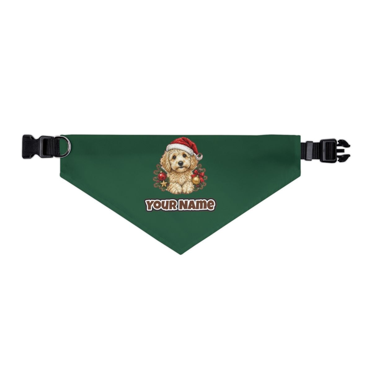 Groodle personalised Christmas pet bandana in green, collar with buckle