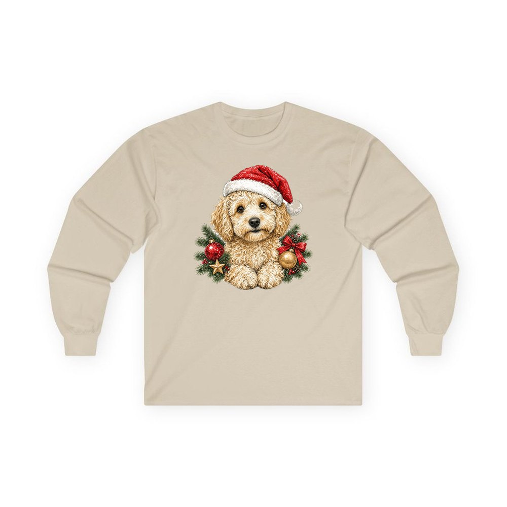 Groodle personalised long sleeve Christmas T-shirt in sand