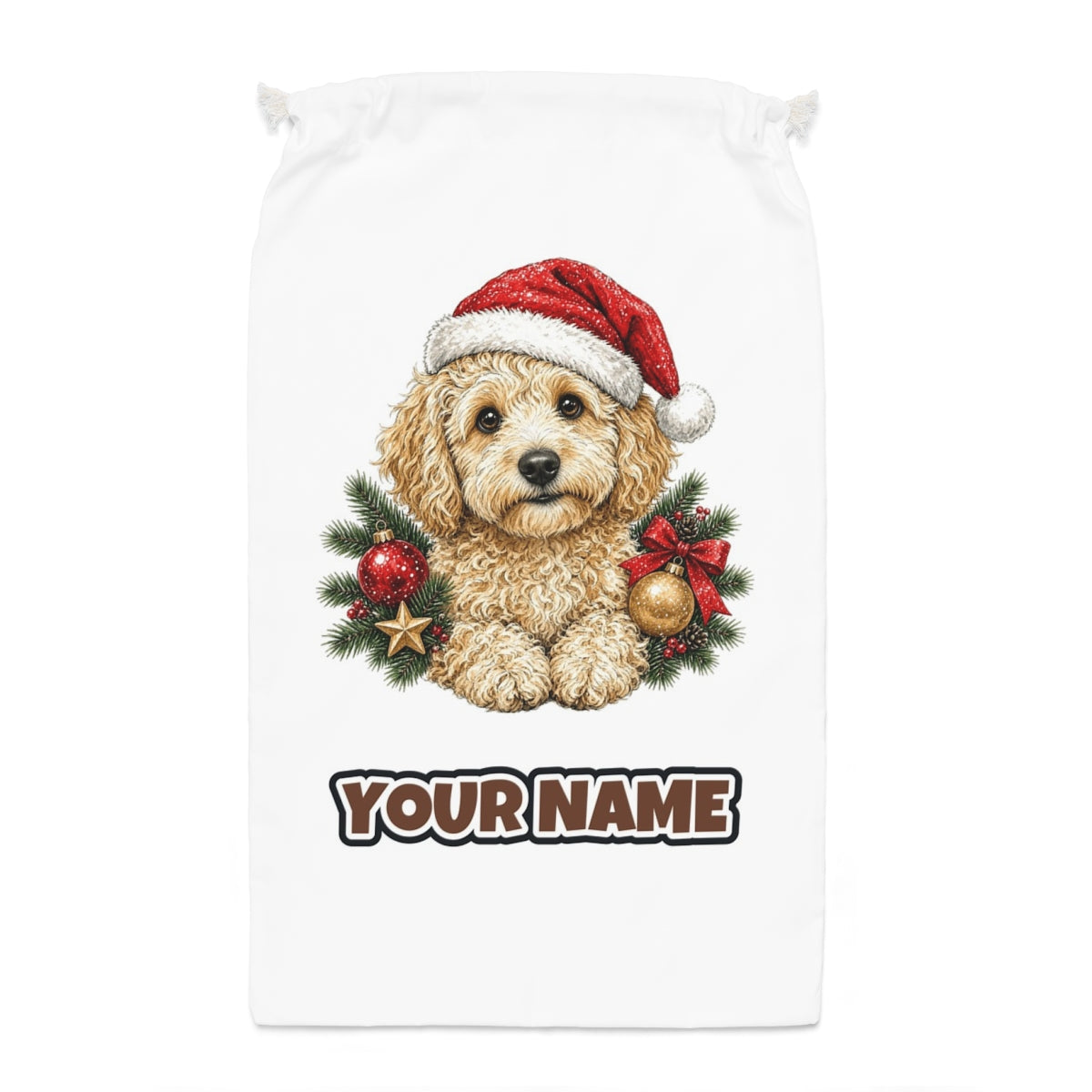 Groodle Santa sack laid flat, showing the full print