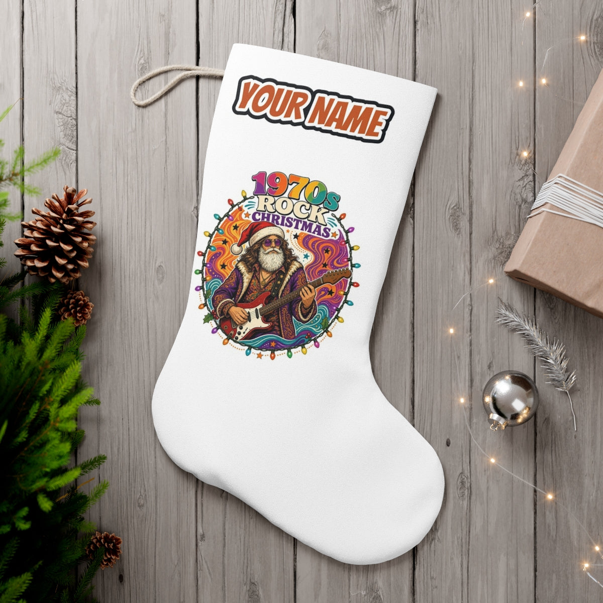 Groovy Rocker Santa personalised Christmas stocking, white, with the name across the top