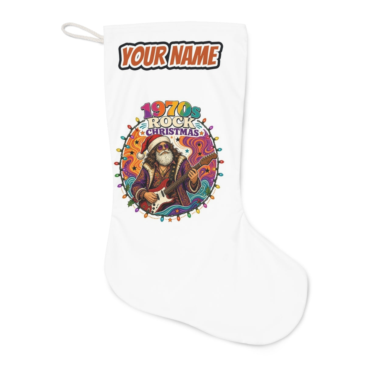 Groovy Rocker Santa Christmas stocking laid flat, showing the full print