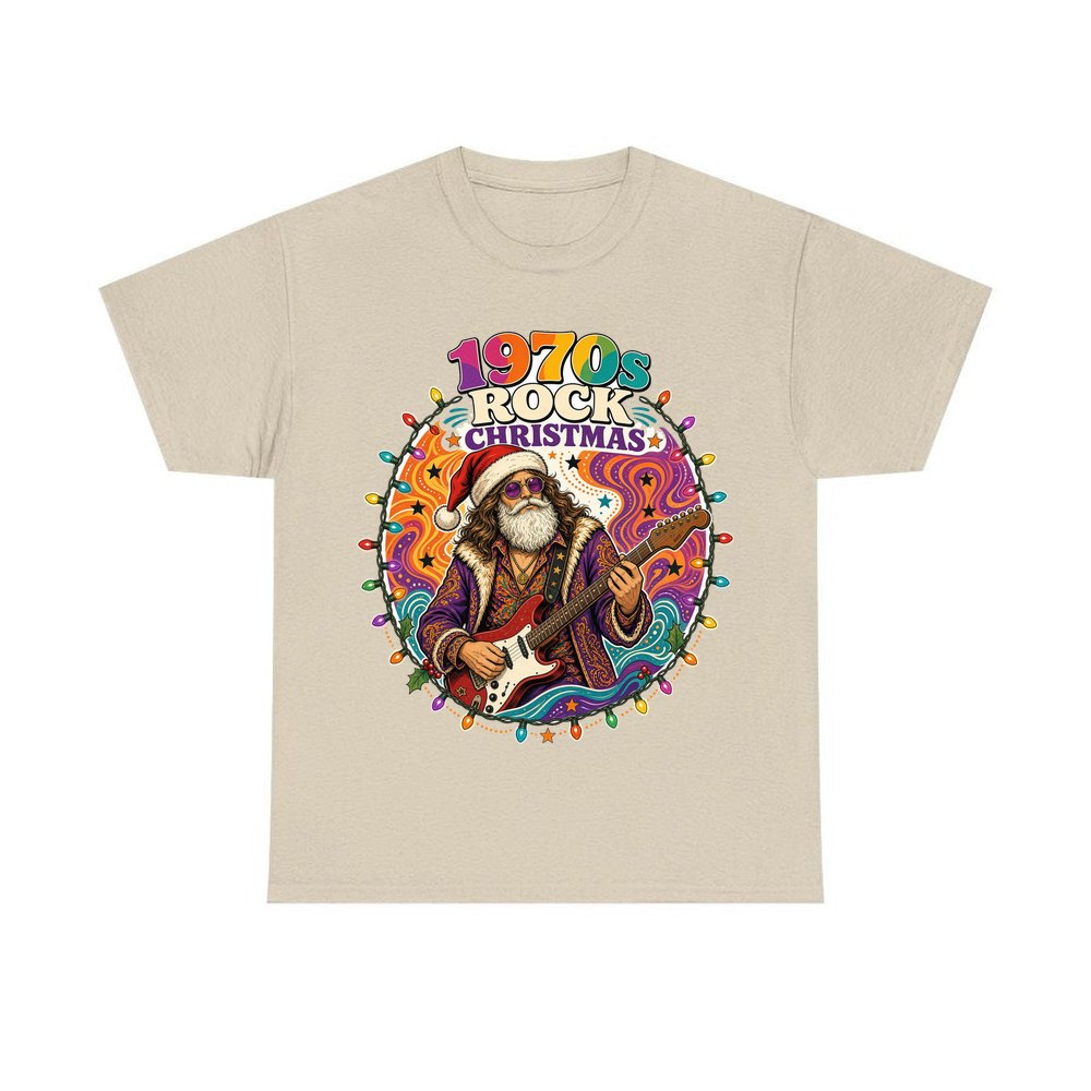 Groovy Rocker Santa personalised Christmas T-shirt in sand