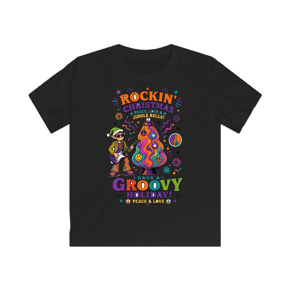 Groovy Rocking Christmas Elf personalised kids Christmas tee in black