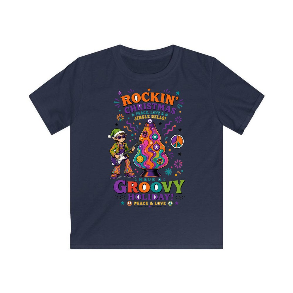 Groovy Rocking Christmas Elf personalised kids Christmas tee in navy