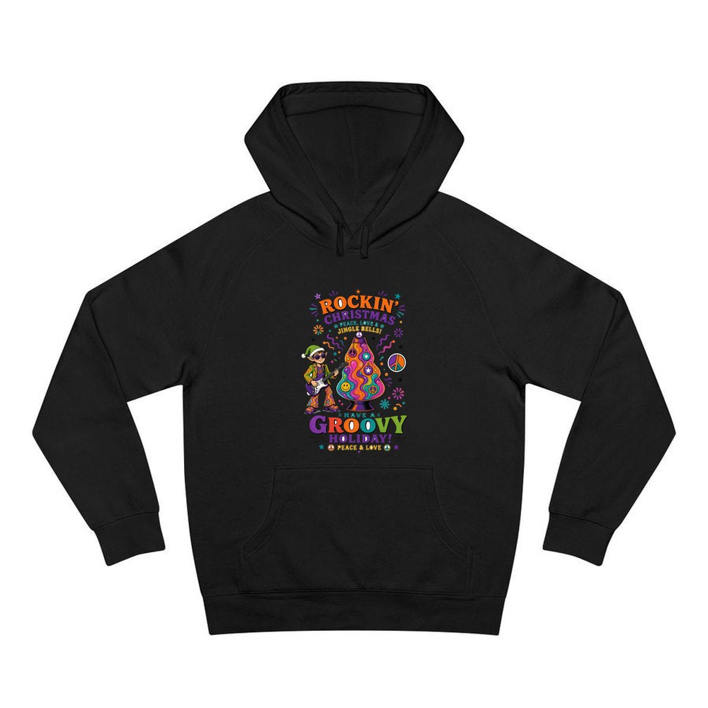 Groovy Rocking Christmas Elf personalised Christmas hoodie in black